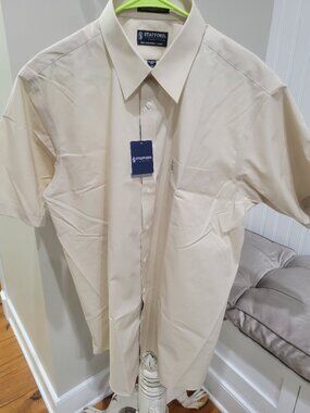 Men's Stafford Essentials Classic Fit Dress Shirt Size 17 Beige Tan Short Sleeve